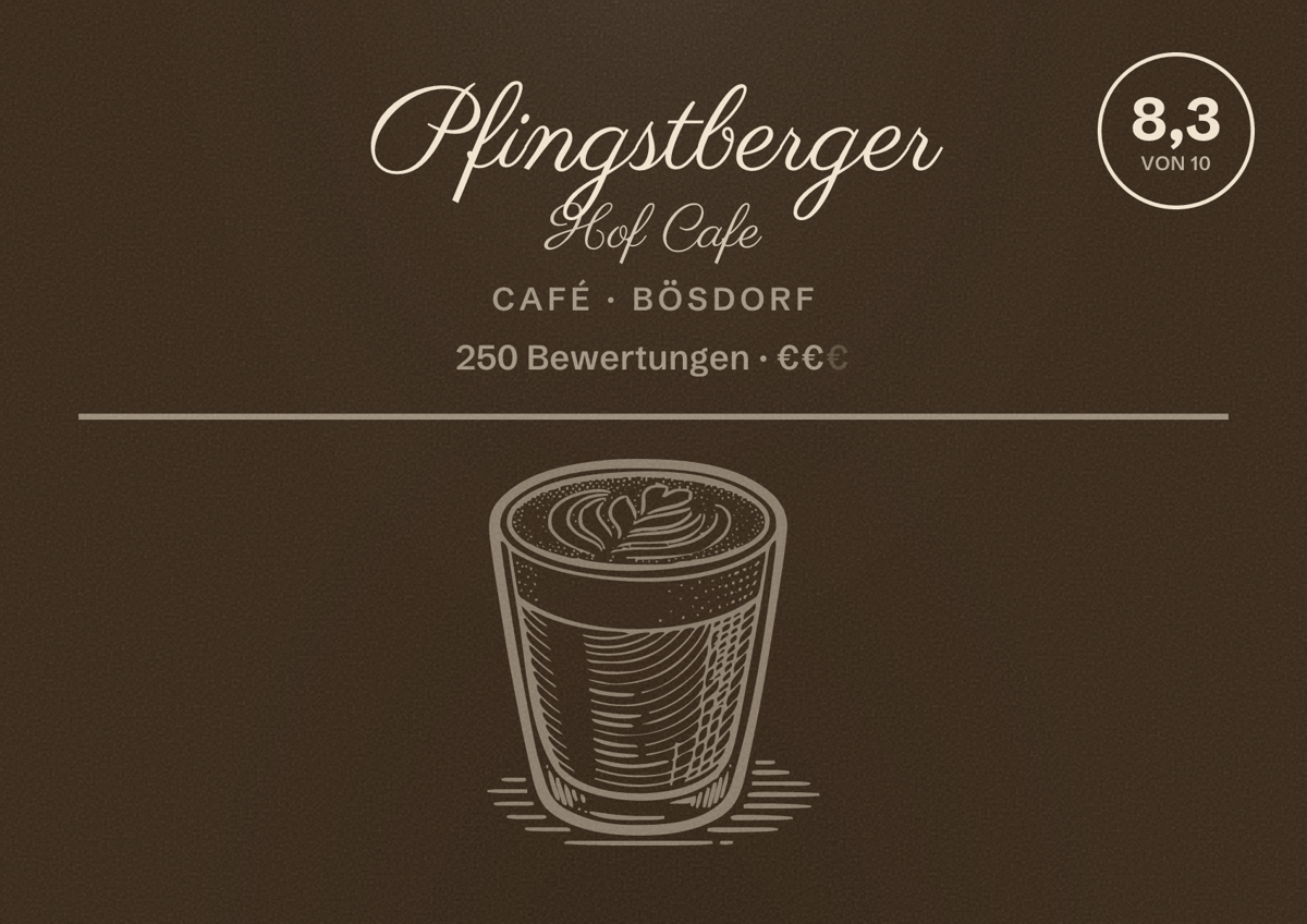 Illustriertes Poster von Pfingstberger Hof Cafe, Café in Bösdorf: Bewertung 8,3 von 10 aus 250 Bewertungen, Preisniveau €€