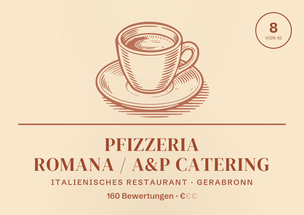 Illustriertes Poster von Pfizzeria Romana / A&P Catering, Italienisches Restaurant in Gerabronn: Bewertung 8 von 10 aus 160 Bewertungen, Preisniveau €