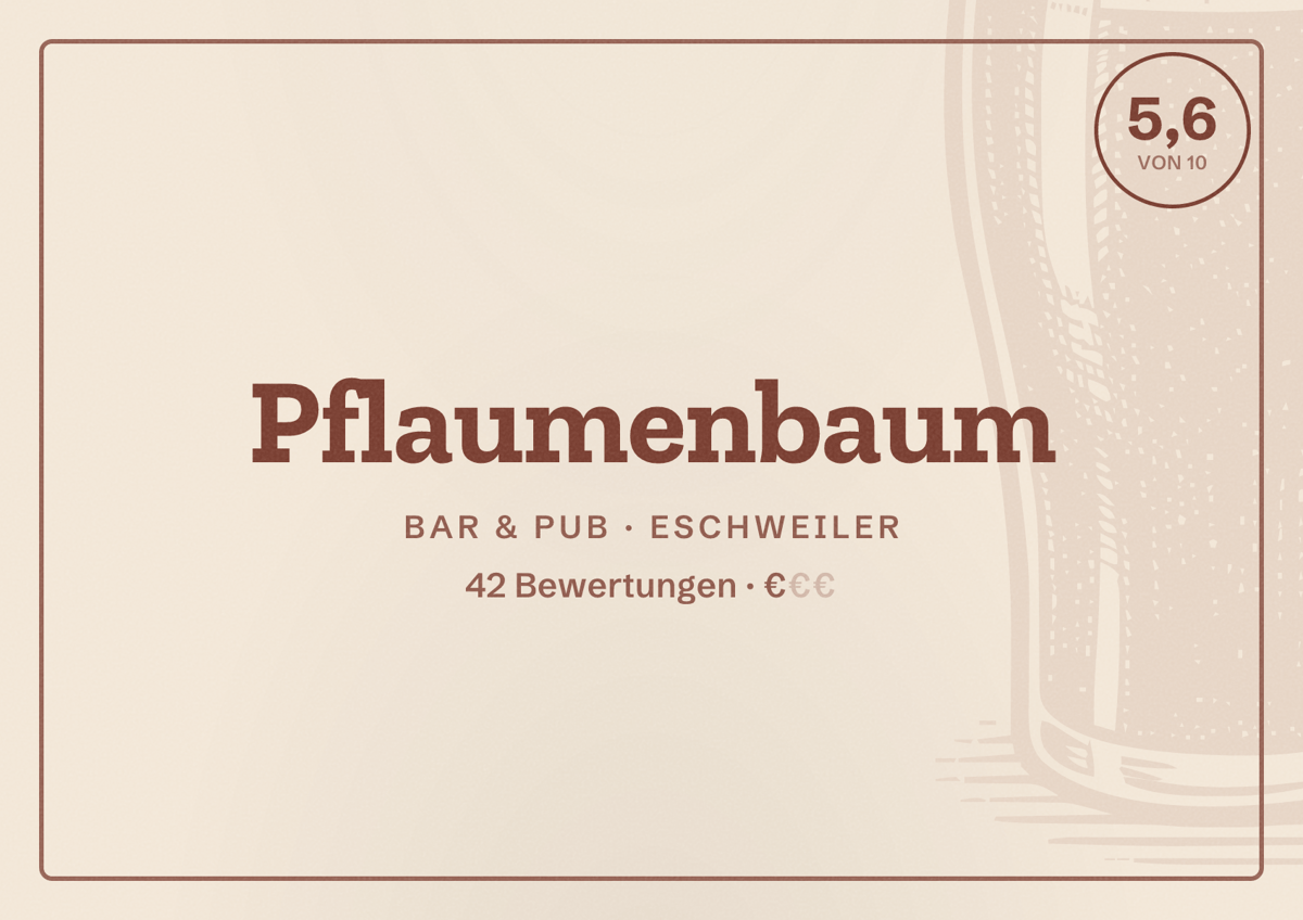 Illustriertes Poster von Pflaumenbaum, Bar & Pub in Eschweiler: Bewertung 5,6 von 10 aus 42 Bewertungen, Preisniveau €