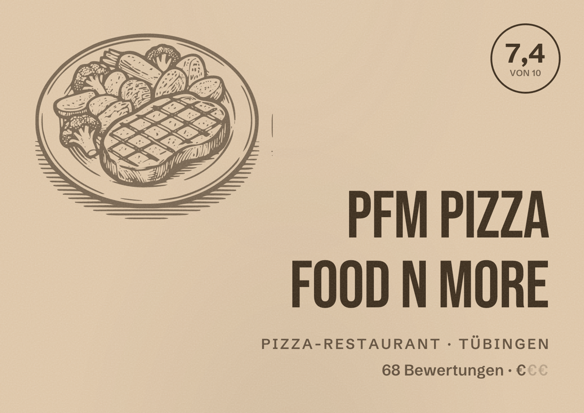 Illustriertes Poster von PFM Pizza Food N More, Pizza-Restaurant in Tübingen: Bewertung 7,4 von 10 aus 68 Bewertungen, Preisniveau €