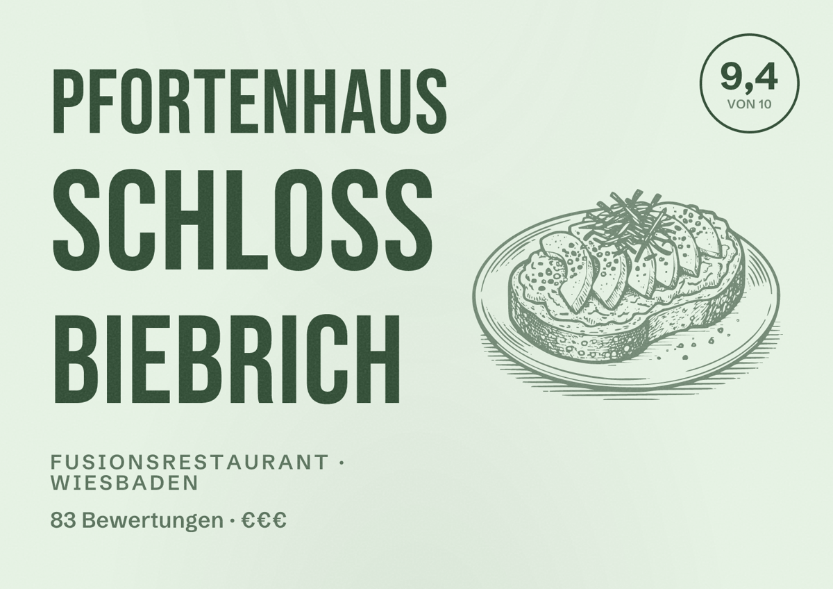 Illustriertes Poster von Pfortenhaus Schloss Biebrich, Fusionsrestaurant in Wiesbaden: Bewertung 9,4 von 10 aus 83 Bewertungen, Preisniveau €€€