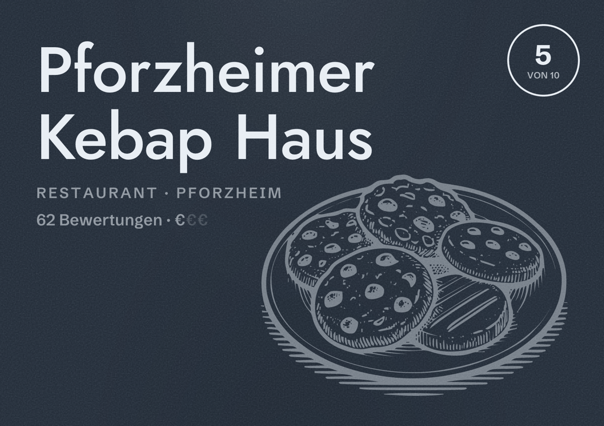 Illustriertes Poster von Pforzheimer Kebap Haus, Restaurant in Pforzheim: Bewertung 5 von 10 aus 62 Bewertungen, Preisniveau €