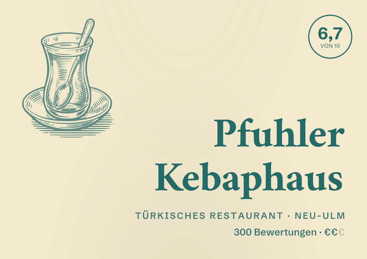 Illustriertes Poster von Pfuhler Kebaphaus, Türkisches Restaurant in Neu-Ulm: Bewertung 6,7 von 10 aus 300 Bewertungen, Preisniveau €€