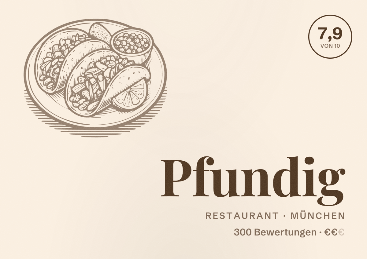 Illustriertes Poster von Pfundig, Restaurant in München: Bewertung 7,9 von 10 aus 300 Bewertungen, Preisniveau €€