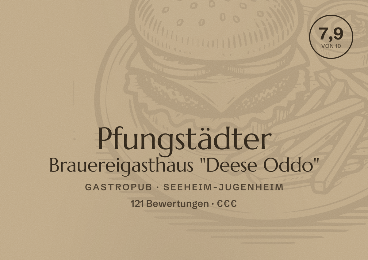 Illustriertes Poster von Pfungstädter Brauereigasthaus "Deese Oddo", Gastropub in Seeheim-Jugenheim: Bewertung 7,9 von 10 aus 121 Bewertungen, Preisniveau €€€