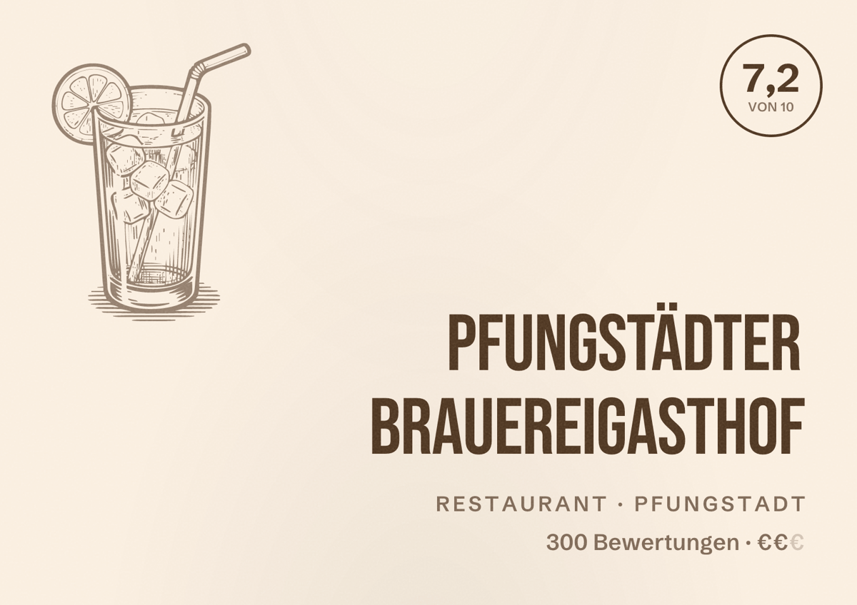 Illustriertes Poster von Pfungstädter Brauereigasthof, Restaurant in Pfungstadt: Bewertung 7,2 von 10 aus 300 Bewertungen, Preisniveau €€