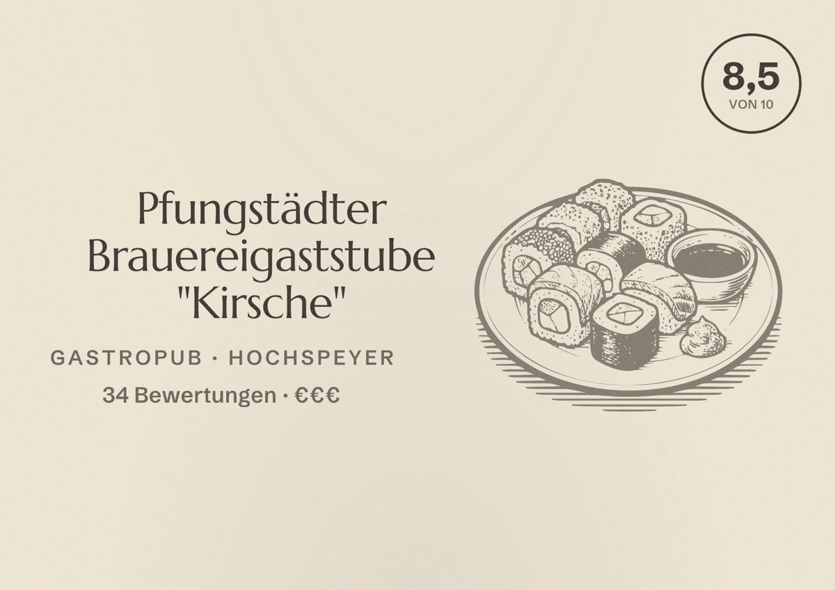 Illustriertes Poster von Pfungstädter Brauereigaststube "Kirsche", Gastropub in Hochspeyer: Bewertung 8,5 von 10 aus 34 Bewertungen, Preisniveau €€€