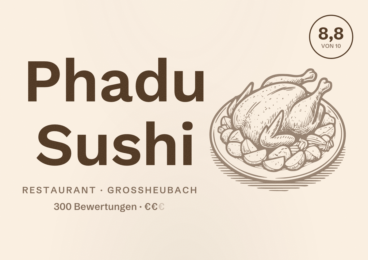 Illustriertes Poster von Phadu Sushi, Restaurant in Großheubach: Bewertung 8,8 von 10 aus 300 Bewertungen, Preisniveau €€