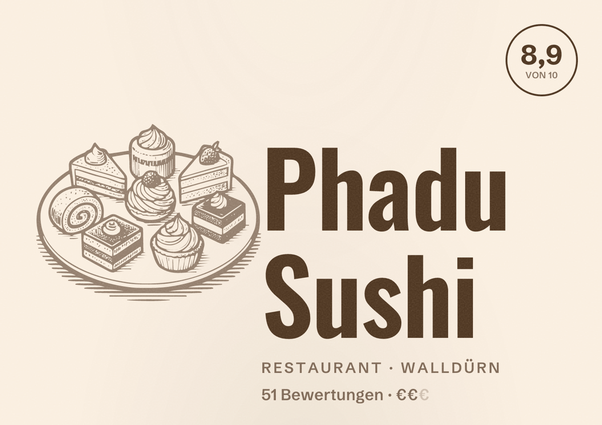 Illustriertes Poster von Phadu Sushi, Restaurant in Walldürn: Bewertung 8,9 von 10 aus 51 Bewertungen, Preisniveau €€