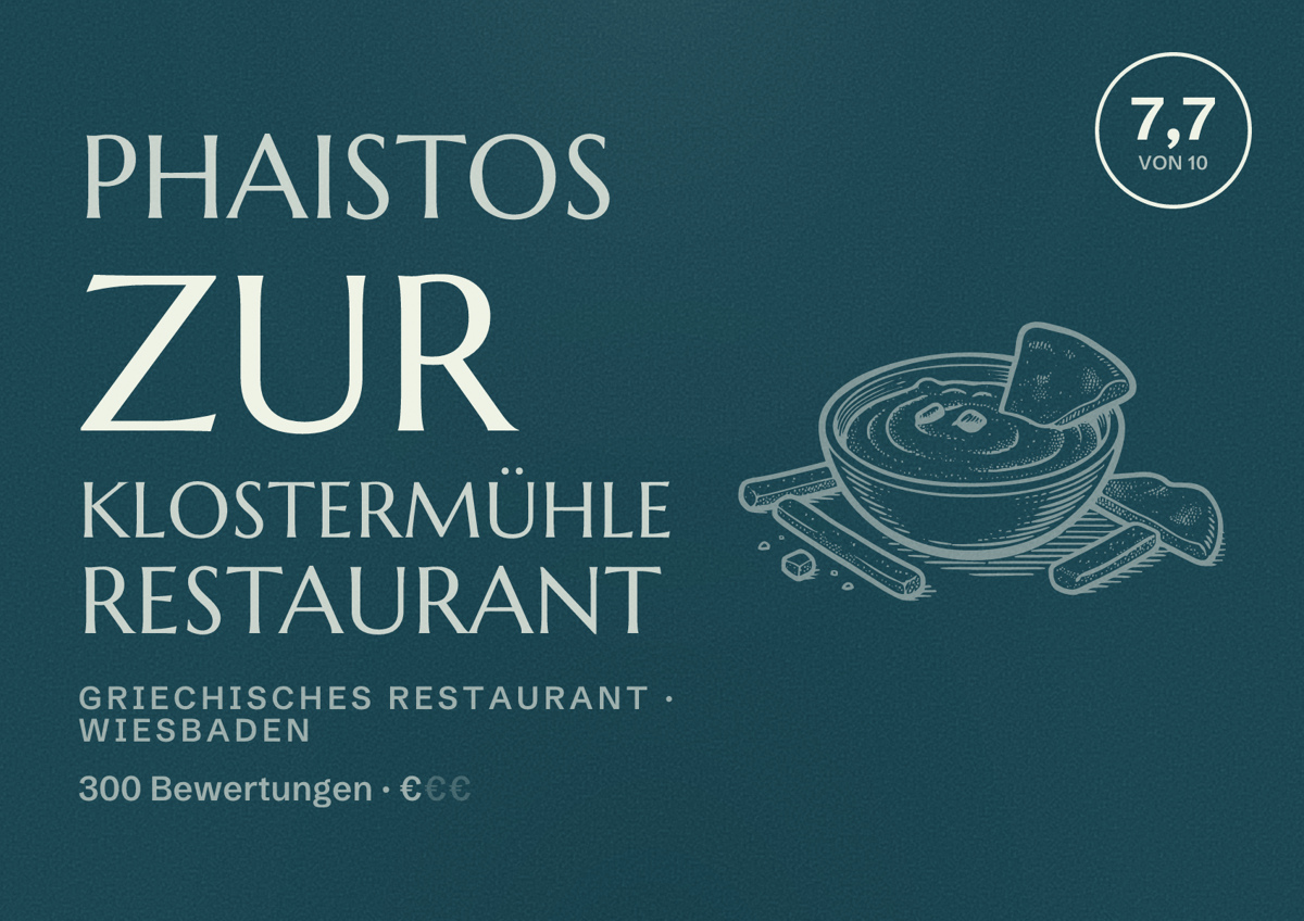 Illustriertes Poster von Phaistos zur Klostermühle Restaurant, Griechisches Restaurant in Wiesbaden: Bewertung 7,7 von 10 aus 300 Bewertungen, Preisniveau €