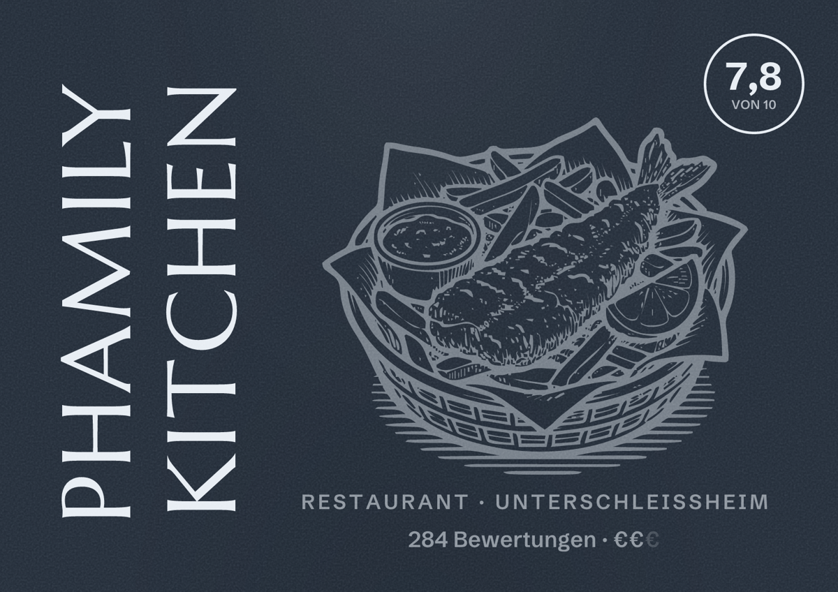 Illustriertes Poster von Phamily Kitchen, Restaurant in Unterschleißheim: Bewertung 7,8 von 10 aus 284 Bewertungen, Preisniveau €€