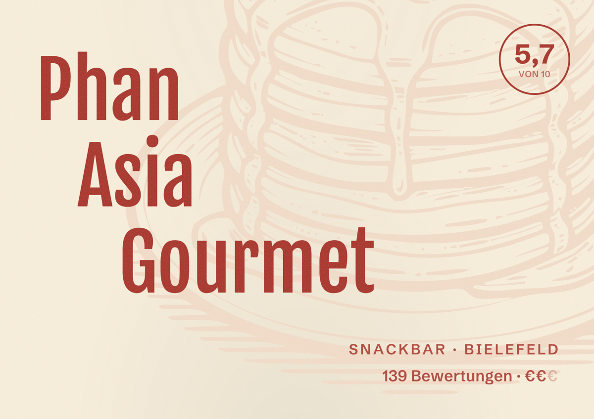 Illustriertes Poster von Phan Asia Gourmet, Snackbar in Bielefeld: Bewertung 5,7 von 10 aus 139 Bewertungen, Preisniveau €€