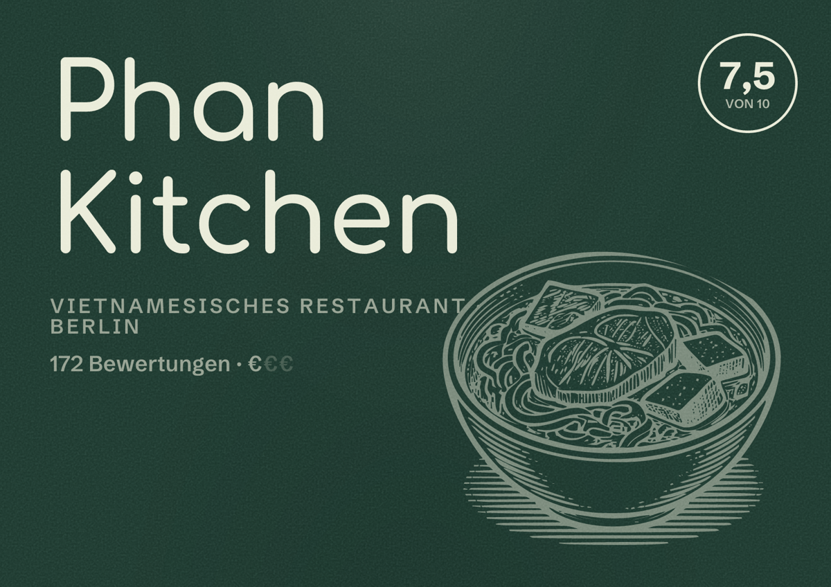 Illustriertes Poster von Phan Kitchen, Vietnamesisches Restaurant in Berlin: Bewertung 7,5 von 10 aus 172 Bewertungen, Preisniveau €