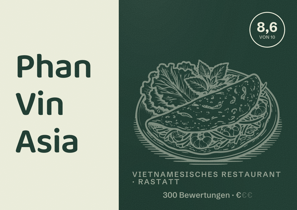 Illustriertes Poster von Phan Vin Asia, Vietnamesisches Restaurant in Rastatt: Bewertung 8,6 von 10 aus 300 Bewertungen, Preisniveau €