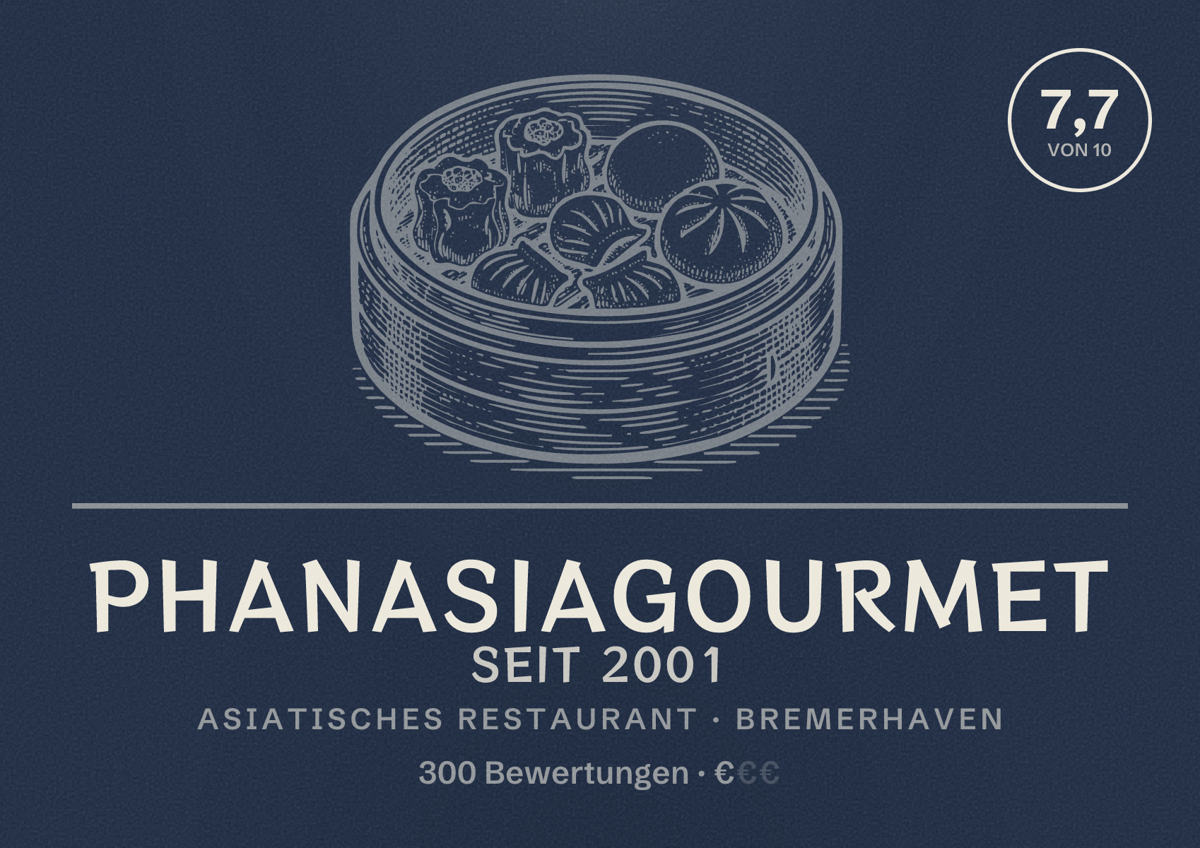 Illustriertes Poster von Phanasiagourmet Seit 2001, Asiatisches Restaurant in Bremerhaven: Bewertung 7,7 von 10 aus 300 Bewertungen, Preisniveau €