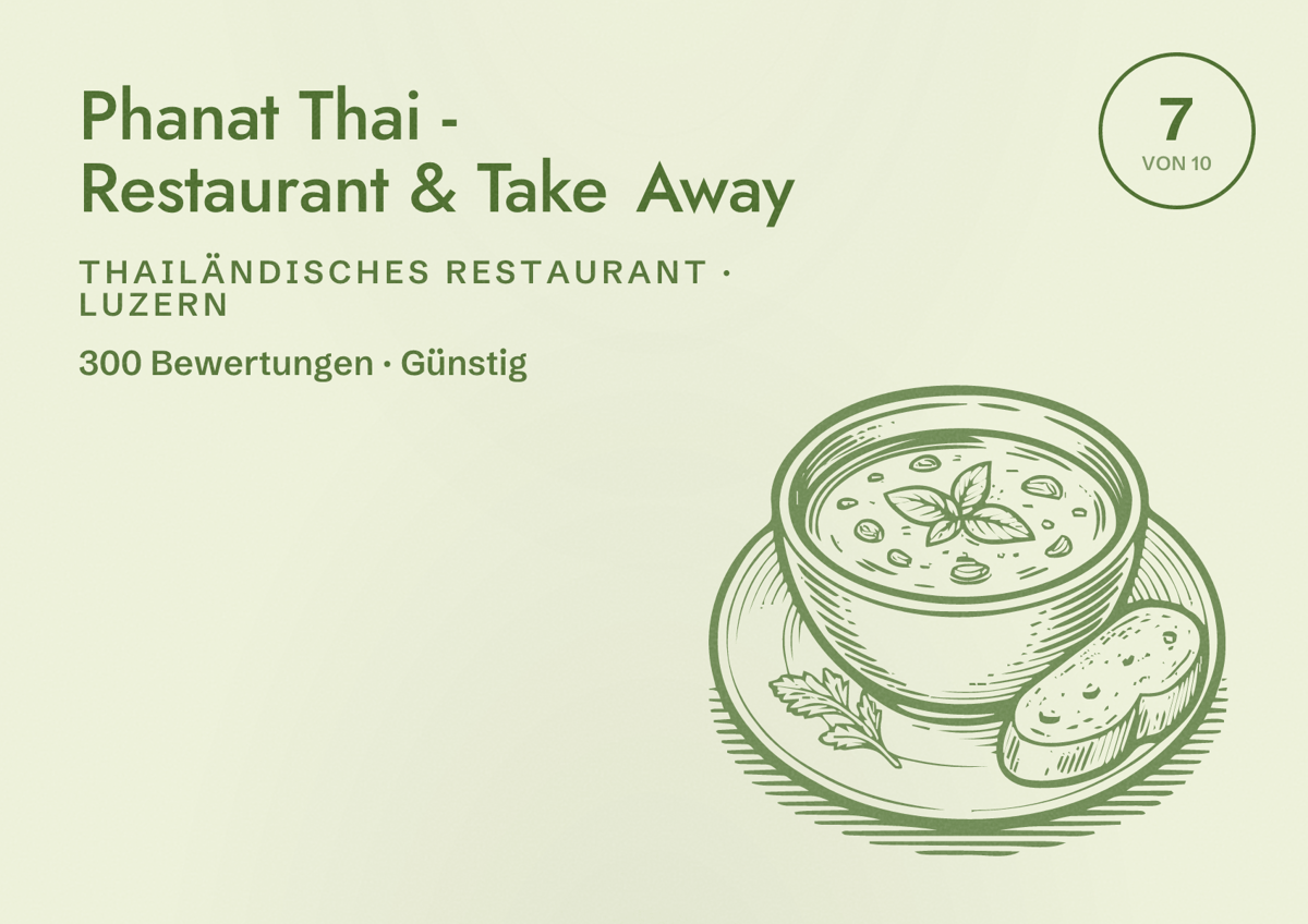 Illustriertes Poster von Phanat Thai - Restaurant & Take Away, Thailändisches Restaurant in Luzern: Bewertung 7 von 10 aus 300 Bewertungen, Preisniveau Günstig