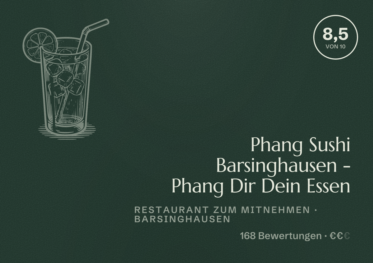 Illustriertes Poster von Phang Sushi Barsinghausen - Phang Dir Dein Essen, Restaurant zum Mitnehmen in Barsinghausen: Bewertung 8,5 von 10 aus 168 Bewertungen, Preisniveau €€