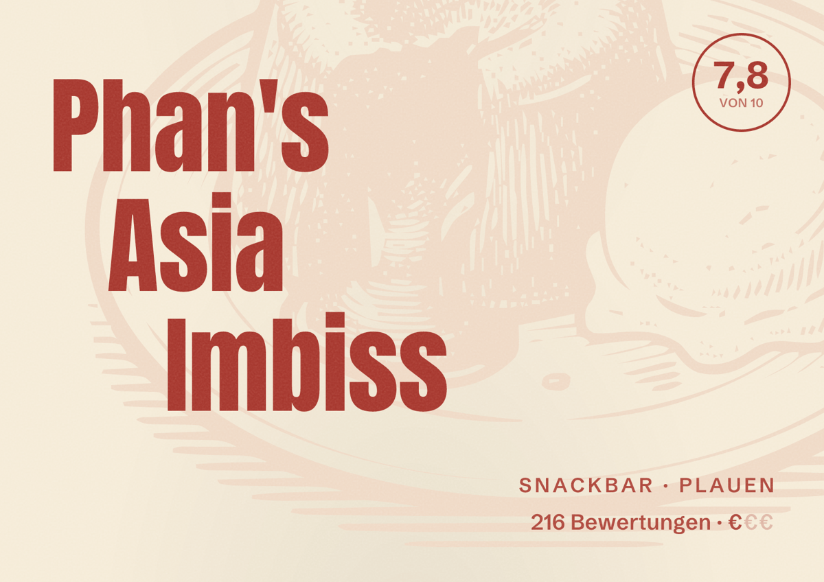 Illustriertes Poster von Phan's Asia Imbiss, Snackbar in Plauen: Bewertung 7,8 von 10 aus 216 Bewertungen, Preisniveau €
