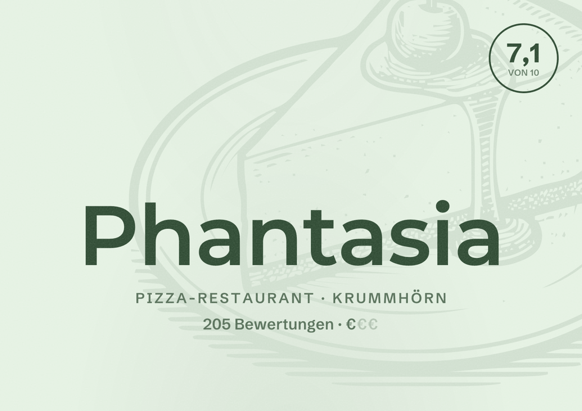 Illustriertes Poster von Phantasia, Pizza-Restaurant in Krummhörn: Bewertung 7,1 von 10 aus 205 Bewertungen, Preisniveau €
