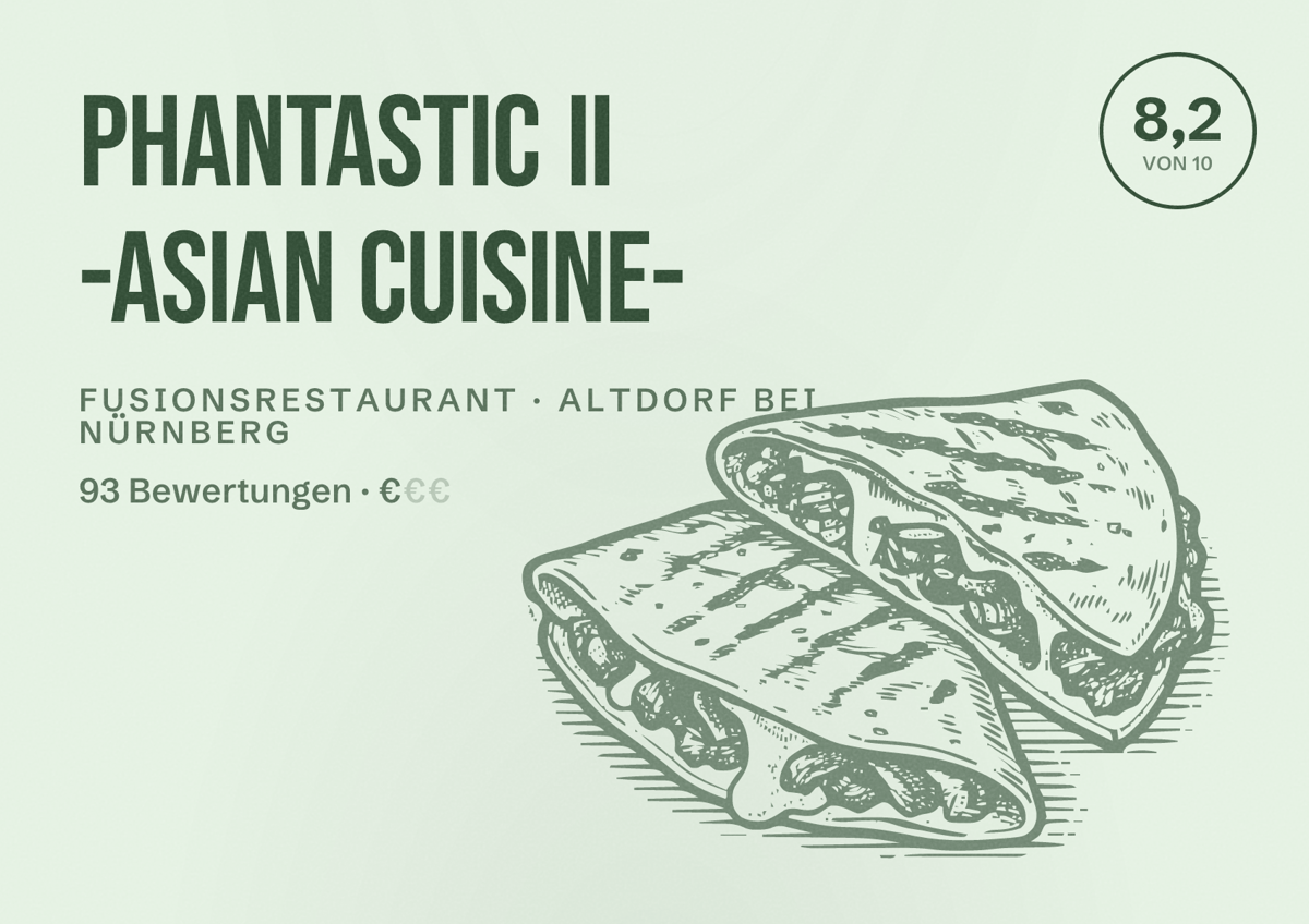 Illustriertes Poster von Phantastic II -asian cuisine-, Fusionsrestaurant in Altdorf bei Nürnberg: Bewertung 8,2 von 10 aus 93 Bewertungen, Preisniveau €