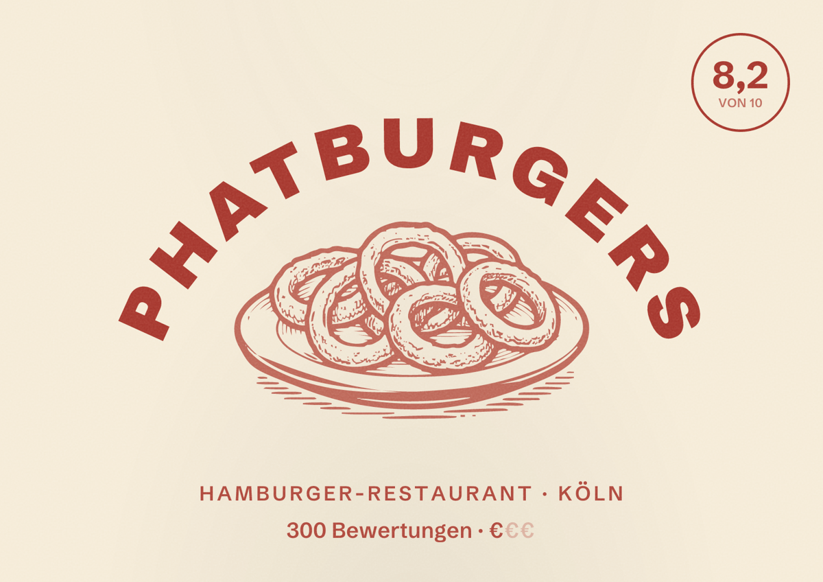 Illustriertes Poster von Phatburgers, Hamburger-Restaurant in Köln: Bewertung 8,2 von 10 aus 300 Bewertungen, Preisniveau €