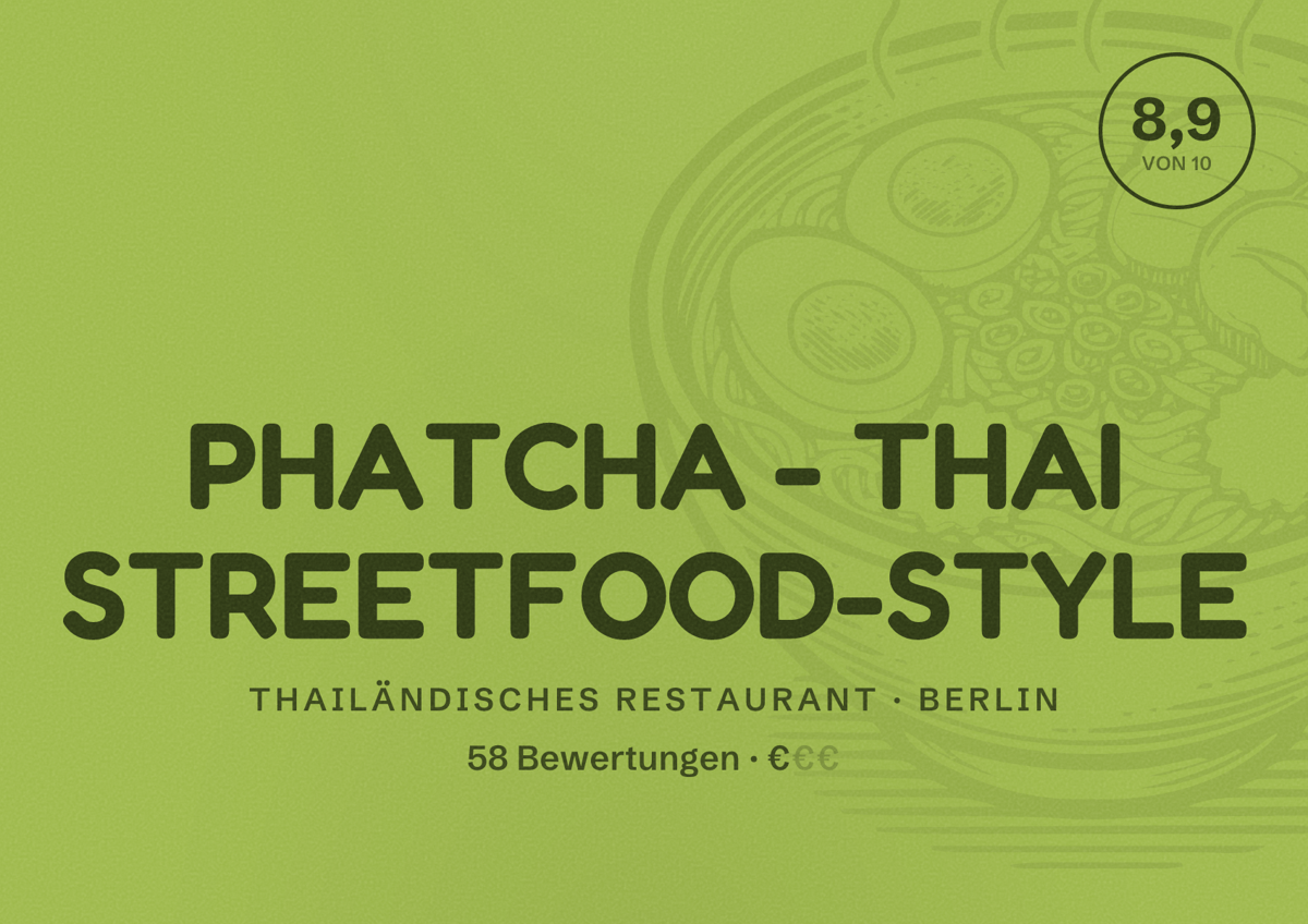 Illustriertes Poster von PHATCHA - THAI STREETFOOD-STYLE, Thailändisches Restaurant in Berlin: Bewertung 8,9 von 10 aus 58 Bewertungen, Preisniveau €