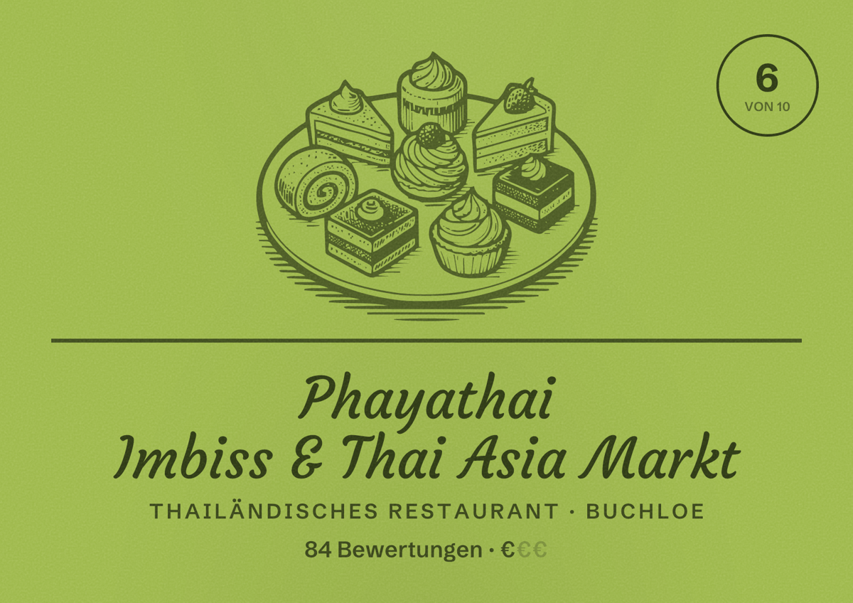 Illustriertes Poster von Phayathai Imbiss & Thai Asia Markt, Thailändisches Restaurant in Buchloe: Bewertung 6 von 10 aus 84 Bewertungen, Preisniveau €