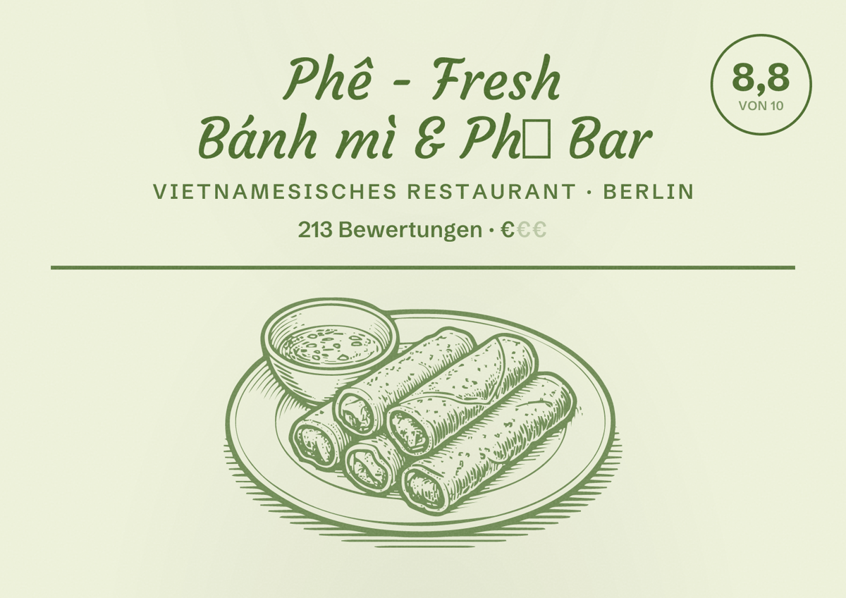 Illustriertes Poster von Phê - Fresh Bánh mì & Phở Bar, Vietnamesisches Restaurant in Berlin: Bewertung 8,8 von 10 aus 213 Bewertungen, Preisniveau €