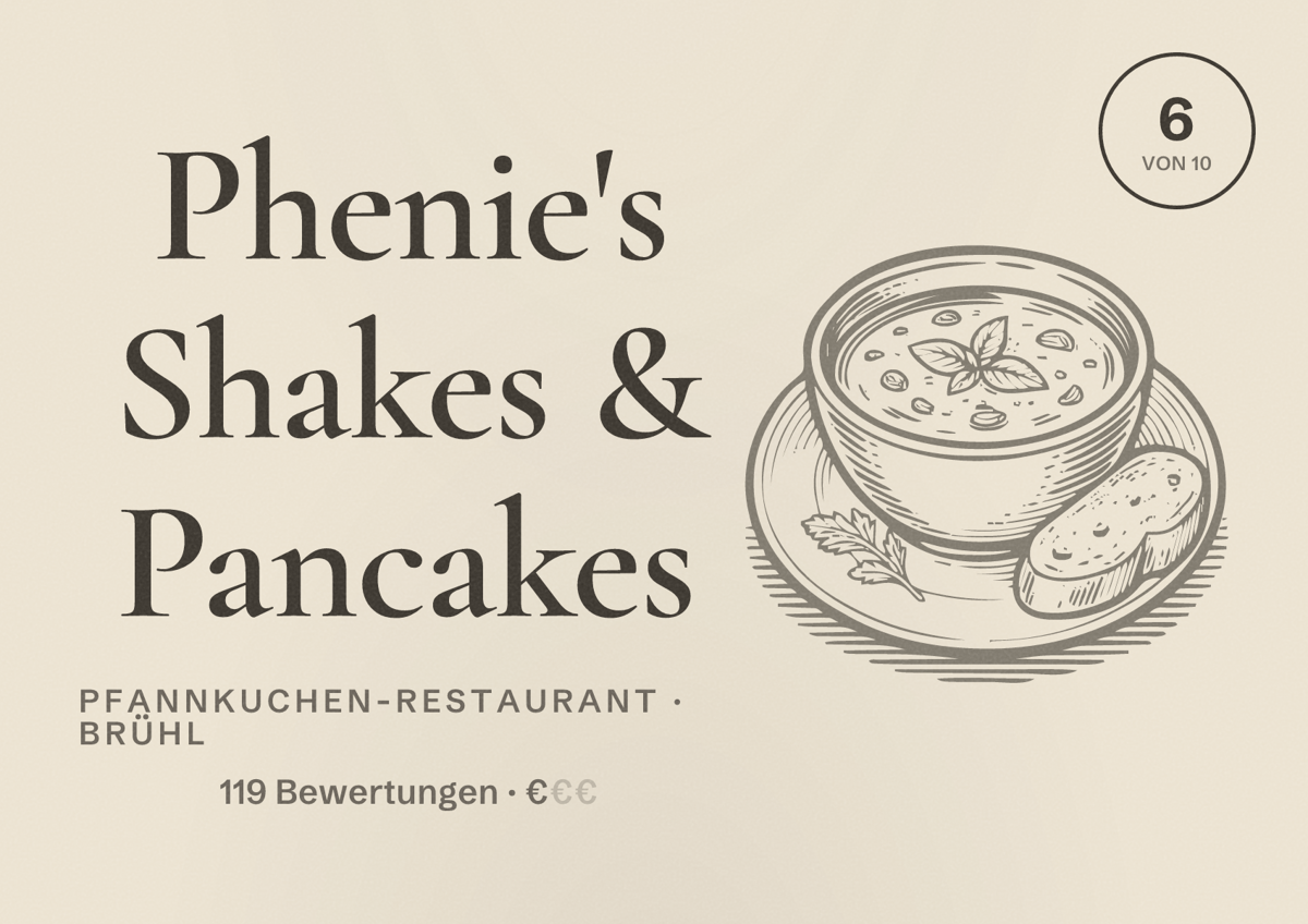 Illustriertes Poster von Phenie's Shakes & Pancakes, Pfannkuchen-Restaurant in Brühl: Bewertung 6 von 10 aus 119 Bewertungen, Preisniveau €