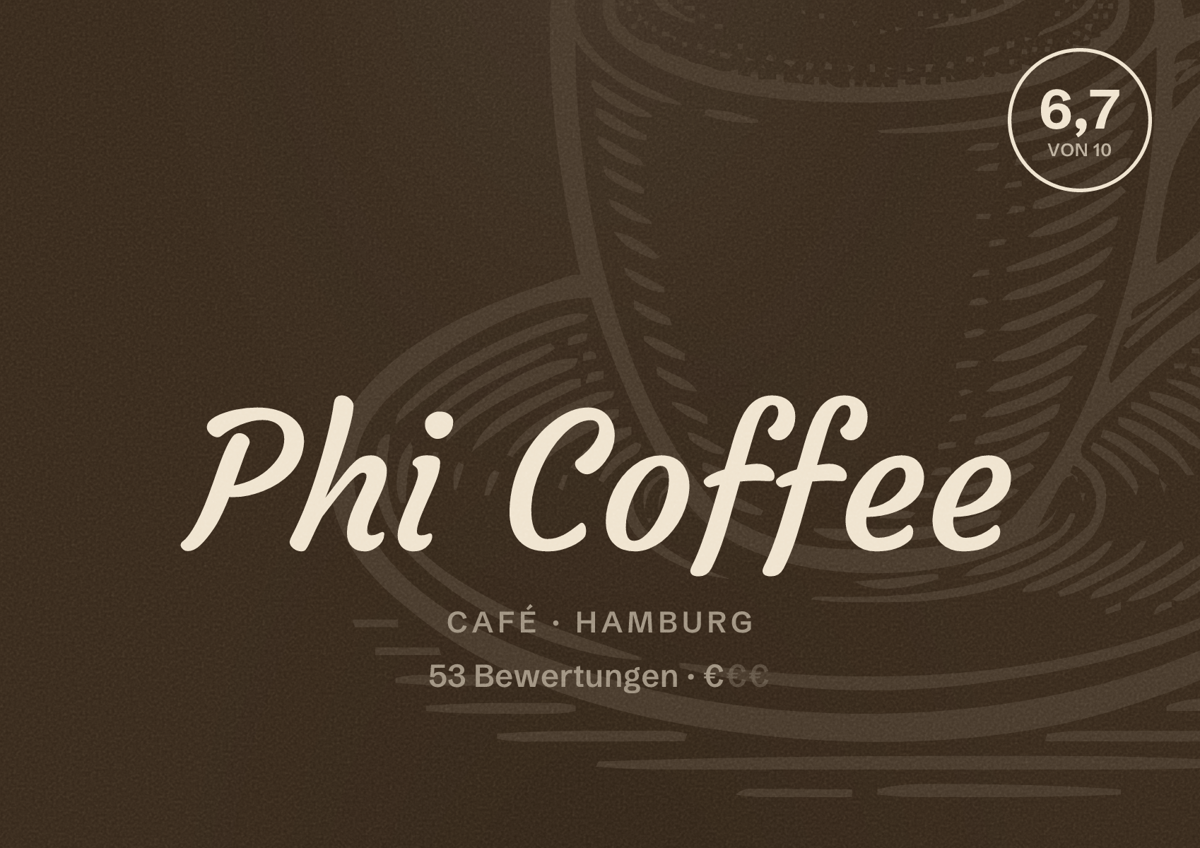 Illustriertes Poster von Phi Coffee, Café in Hamburg: Bewertung 6,7 von 10 aus 53 Bewertungen, Preisniveau €