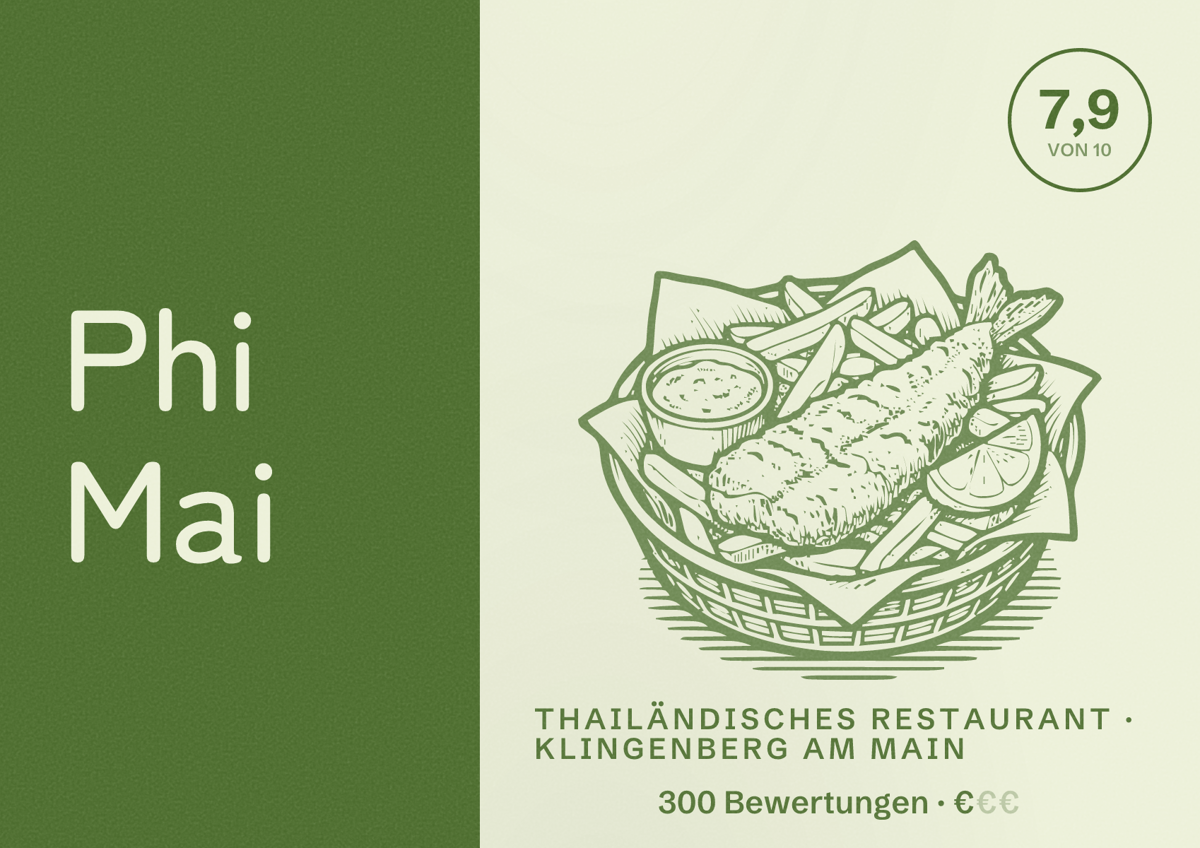 Illustriertes Poster von Phi Mai, Thailändisches Restaurant in Klingenberg am Main: Bewertung 7,9 von 10 aus 300 Bewertungen, Preisniveau €