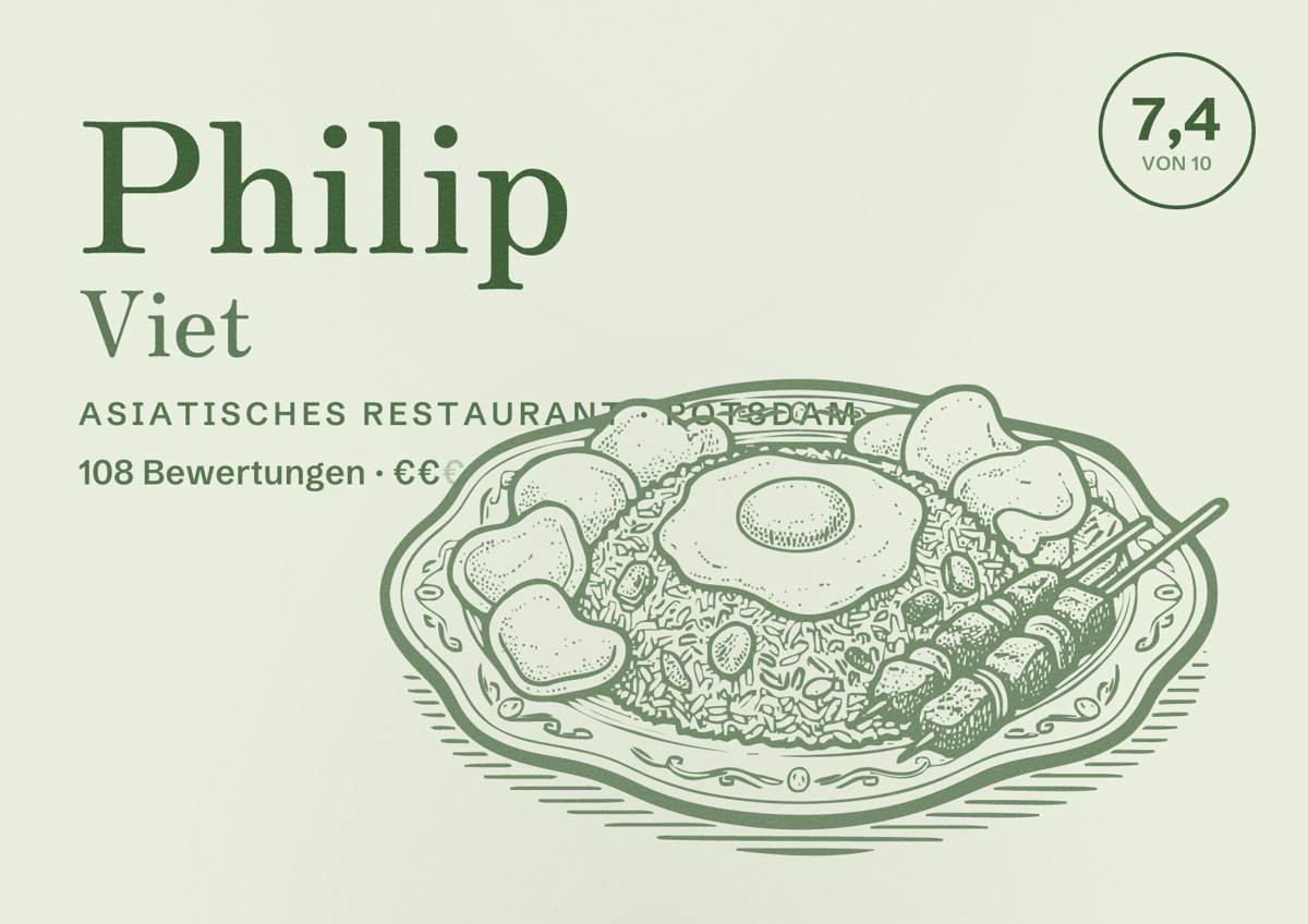 Illustriertes Poster von Philip Viet, Asiatisches Restaurant in Potsdam: Bewertung 7,4 von 10 aus 108 Bewertungen, Preisniveau €€