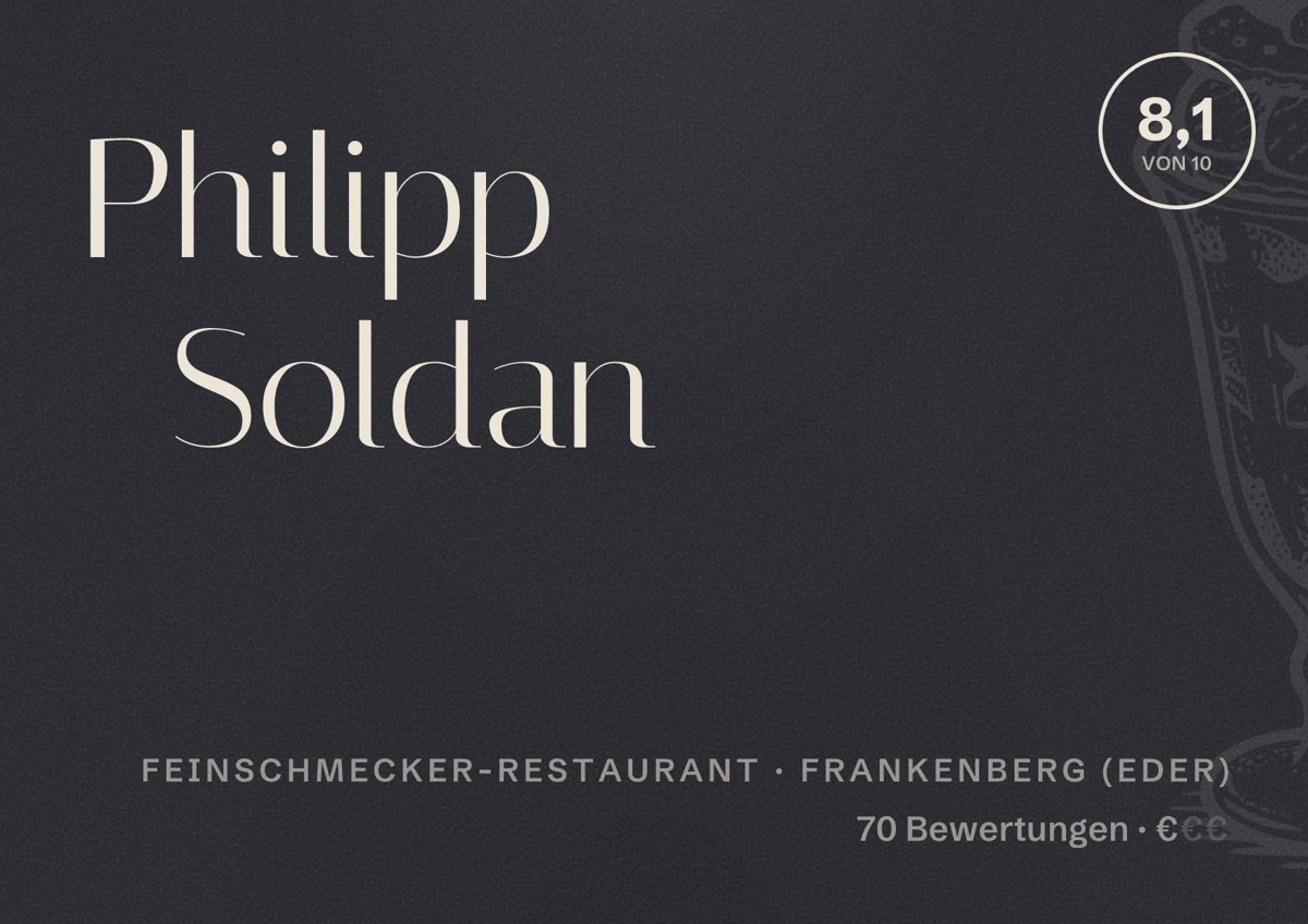 Illustriertes Poster von Philipp Soldan, Feinschmecker-Restaurant in Frankenberg (Eder): Bewertung 8,1 von 10 aus 70 Bewertungen, Preisniveau €