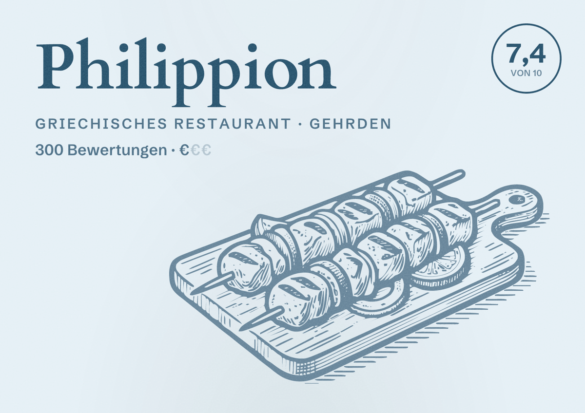 Illustriertes Poster von Philippion, Griechisches Restaurant in Gehrden: Bewertung 7,4 von 10 aus 300 Bewertungen, Preisniveau €