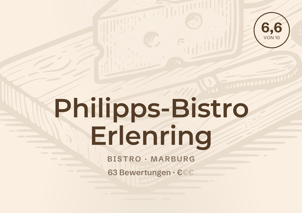 Illustriertes Poster von Philipps-Bistro Erlenring, Bistro in Marburg: Bewertung 6,6 von 10 aus 63 Bewertungen, Preisniveau €
