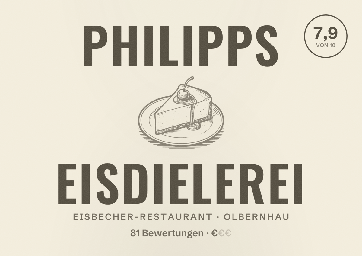 Illustriertes Poster von Philipps Eisdielerei, Eisbecher-Restaurant in Olbernhau: Bewertung 7,9 von 10 aus 81 Bewertungen, Preisniveau €