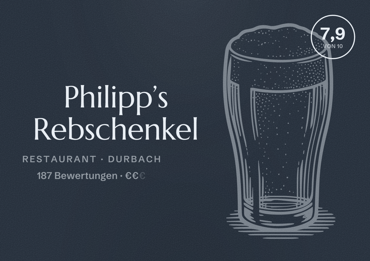 Illustriertes Poster von Philipp’s Rebschenkel, Restaurant in Durbach: Bewertung 7,9 von 10 aus 187 Bewertungen, Preisniveau €€