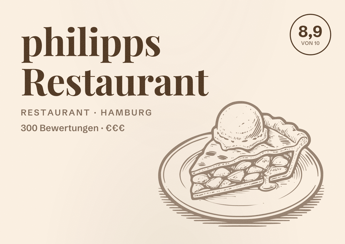 Illustriertes Poster von philipps Restaurant, Restaurant in Hamburg: Bewertung 8,9 von 10 aus 300 Bewertungen, Preisniveau €€€