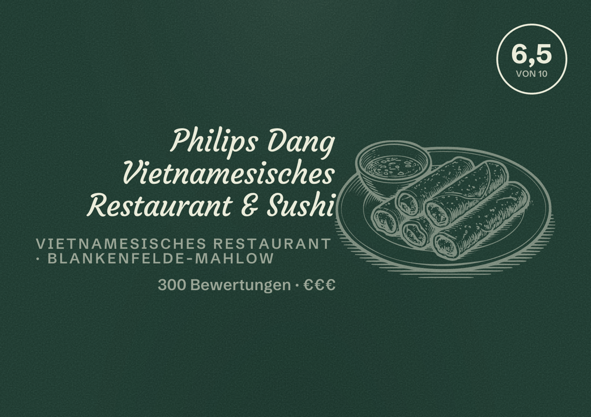 Illustriertes Poster von Philips Dang Vietnamesisches Restaurant & Sushi, Vietnamesisches Restaurant in Blankenfelde-Mahlow: Bewertung 6,5 von 10 aus 300 Bewertungen, Preisniveau €€€
