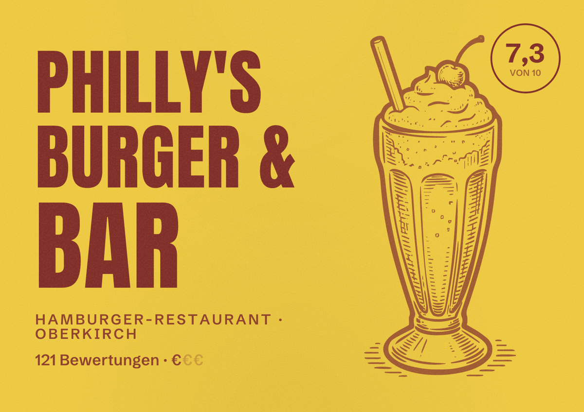 Illustriertes Poster von Philly's Burger & Bar, Hamburger-Restaurant in Oberkirch: Bewertung 7,3 von 10 aus 121 Bewertungen, Preisniveau €