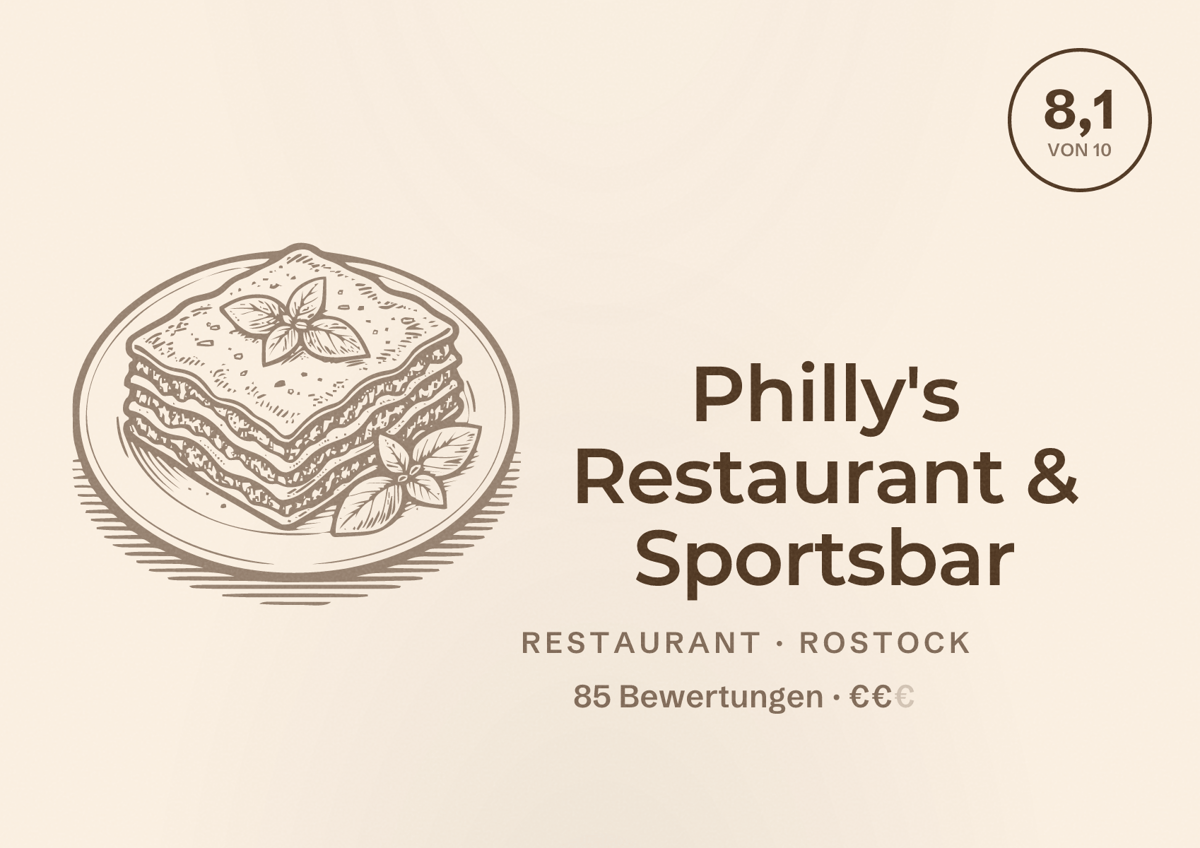 Illustriertes Poster von Philly's Restaurant & Sportsbar, Restaurant in Rostock: Bewertung 8,1 von 10 aus 85 Bewertungen, Preisniveau €€
