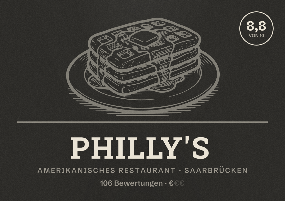 Illustriertes Poster von Philly's, Amerikanisches Restaurant in Saarbrücken: Bewertung 8,8 von 10 aus 106 Bewertungen, Preisniveau €