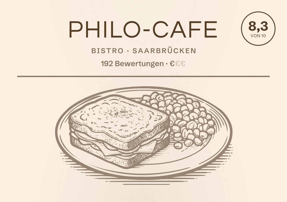 Illustriertes Poster von Philo-Cafe, Bistro in Saarbrücken: Bewertung 8,3 von 10 aus 192 Bewertungen, Preisniveau €