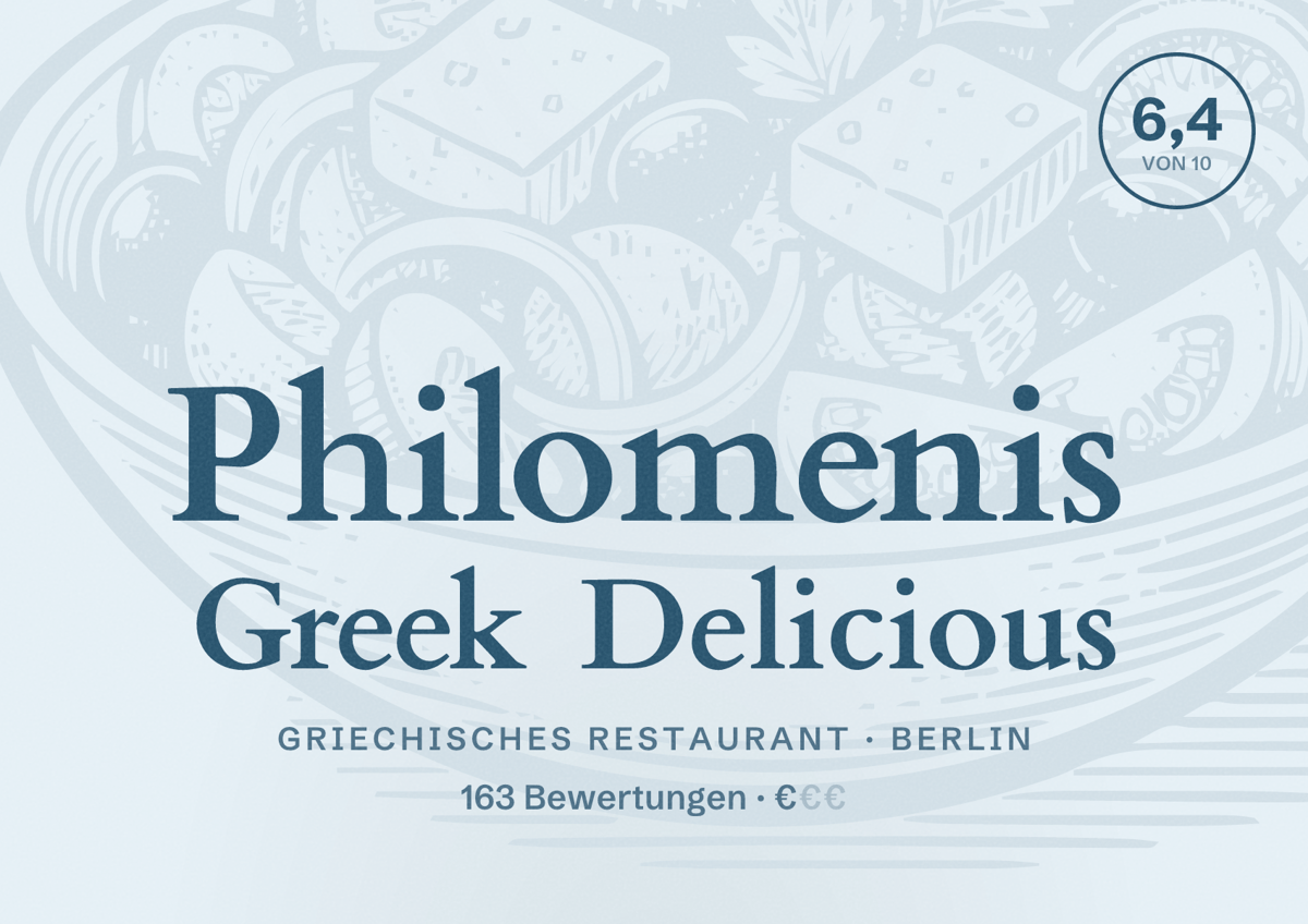 Illustriertes Poster von Philomenis Greek Delicious, Griechisches Restaurant in Berlin: Bewertung 6,4 von 10 aus 163 Bewertungen, Preisniveau €