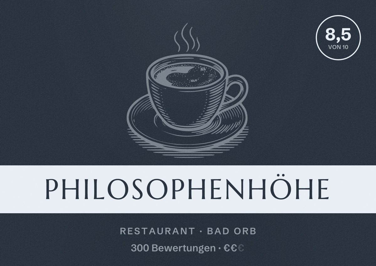 Illustriertes Poster von Philosophenhöhe, Restaurant in Bad Orb: Bewertung 8,5 von 10 aus 300 Bewertungen, Preisniveau €€