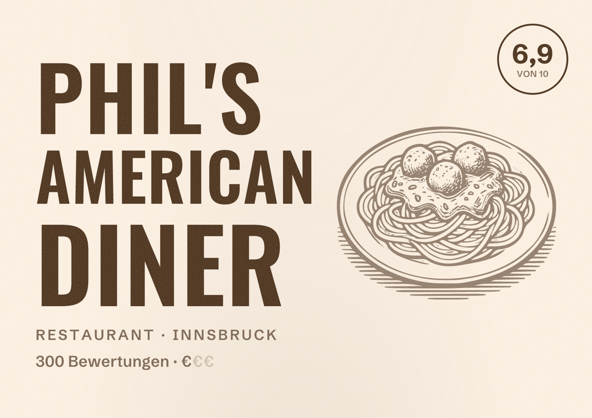 Illustriertes Poster von Phil's American Diner, Restaurant in Innsbruck: Bewertung 6,9 von 10 aus 300 Bewertungen, Preisniveau €