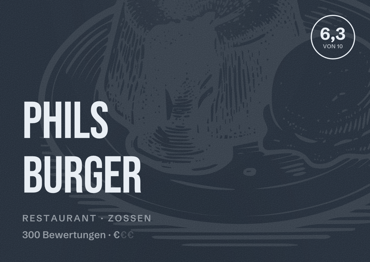 Illustriertes Poster von Phils Burger, Restaurant in Zossen: Bewertung 6,3 von 10 aus 300 Bewertungen, Preisniveau €