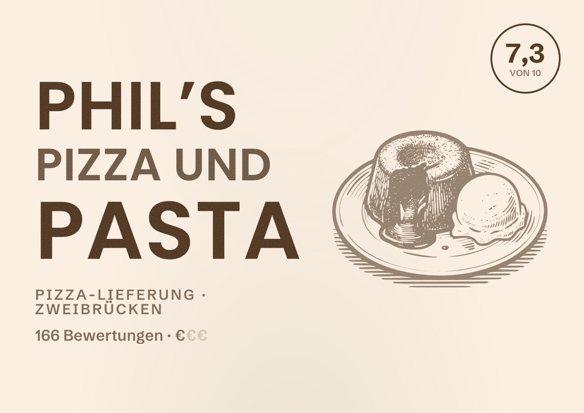 Illustriertes Poster von Phil’s Pizza und Pasta, Pizza-Lieferung in Zweibrücken: Bewertung 7,3 von 10 aus 166 Bewertungen, Preisniveau €