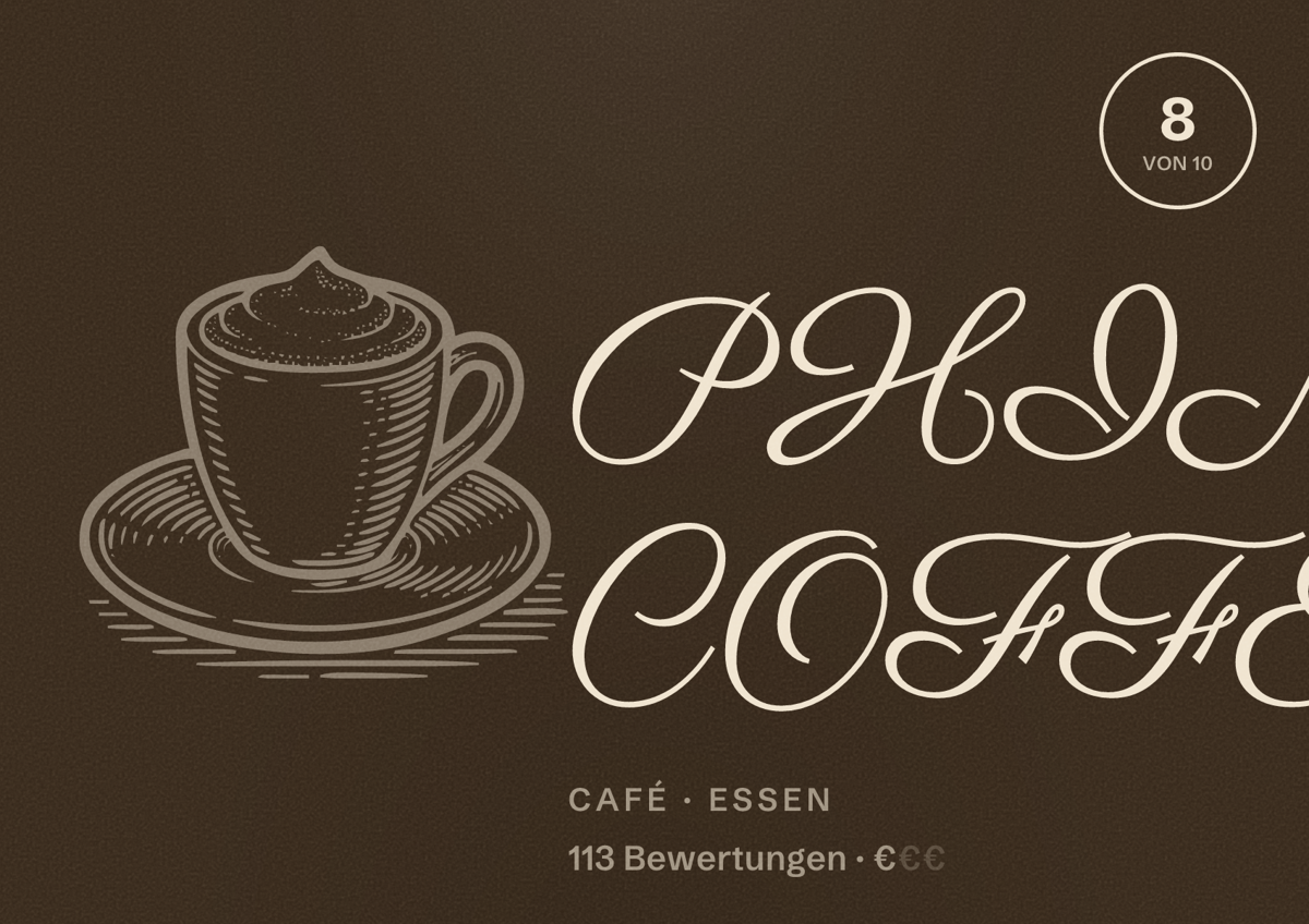 Illustriertes Poster von PHIN COFFEE, Café in Essen: Bewertung 8 von 10 aus 113 Bewertungen, Preisniveau €