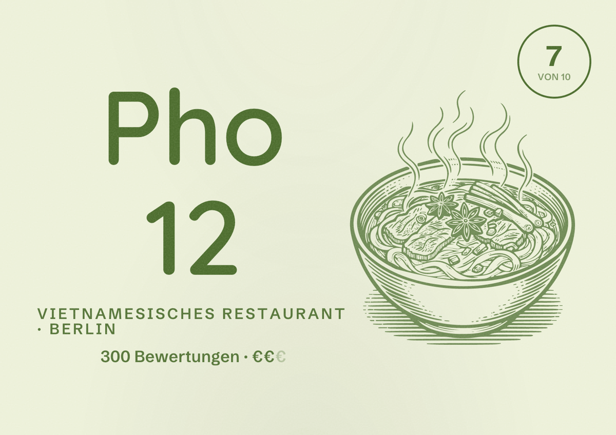 Illustriertes Poster von Pho 12, Vietnamesisches Restaurant in Berlin: Bewertung 7,0 von 10 aus 300 Bewertungen, Preisniveau €€